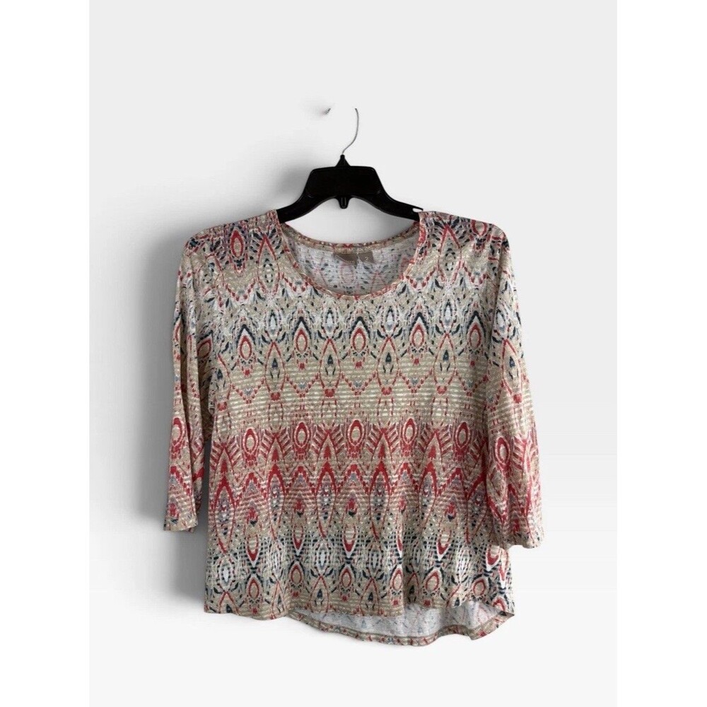 Chicos Womens Shirt Adult Size 2=Large Geometric ikat-inspired pattern Coral Tan
